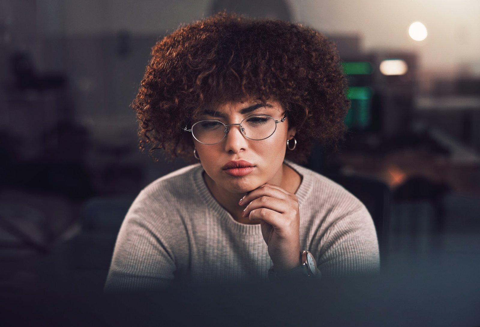 Night, computer and black woman programmer, software development and cybersecurity analysis. Focus,